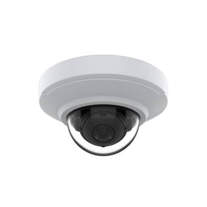 Witte Axis M3085-V compacte mini dome IP-camera voor binnen met een zwarte lens in een schroefvrije behuizing.