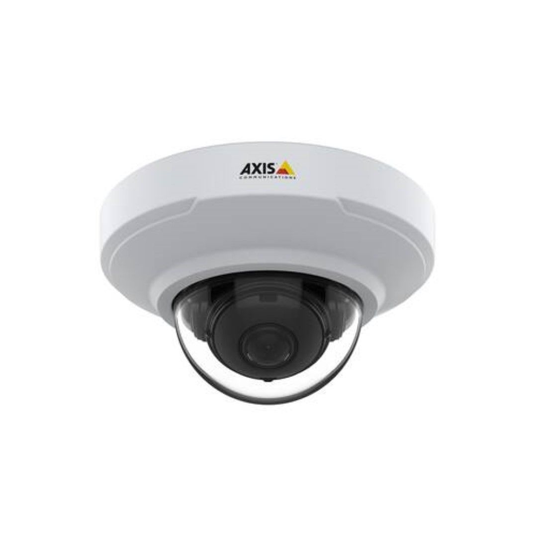 Witte Axis M3085-V compacte mini dome IP-camera voor binnen met zwarte lens en schroefvrij ontwerp.