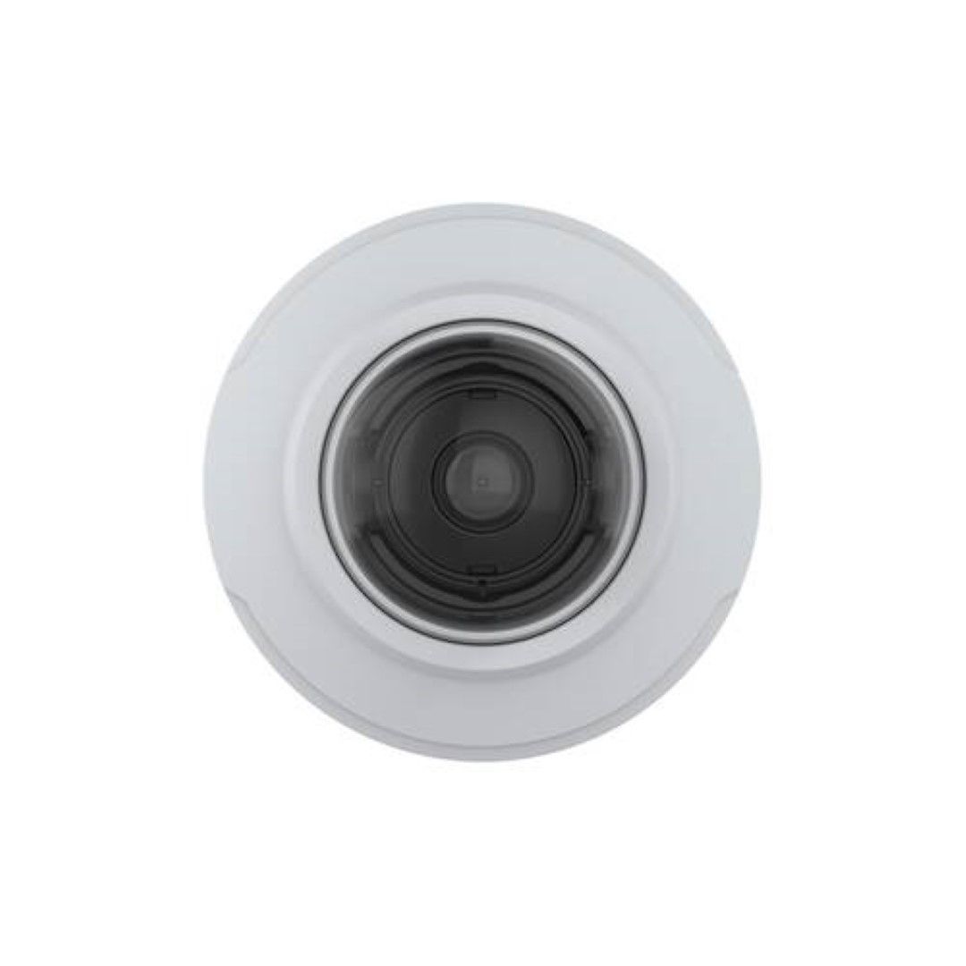 Witte Axis M3086-V minidome beveiligingscamera met compact rond design en centraal geplaatste lens voor plafondmontage.