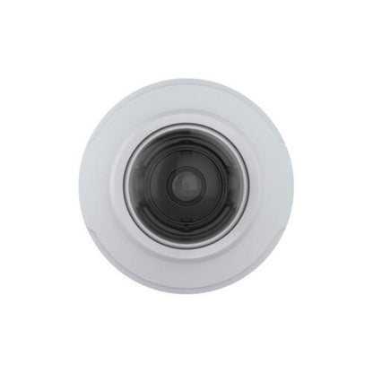 Witte Axis M3086-V minidome beveiligingscamera met compact rond design en centraal geplaatste lens voor plafondmontage.