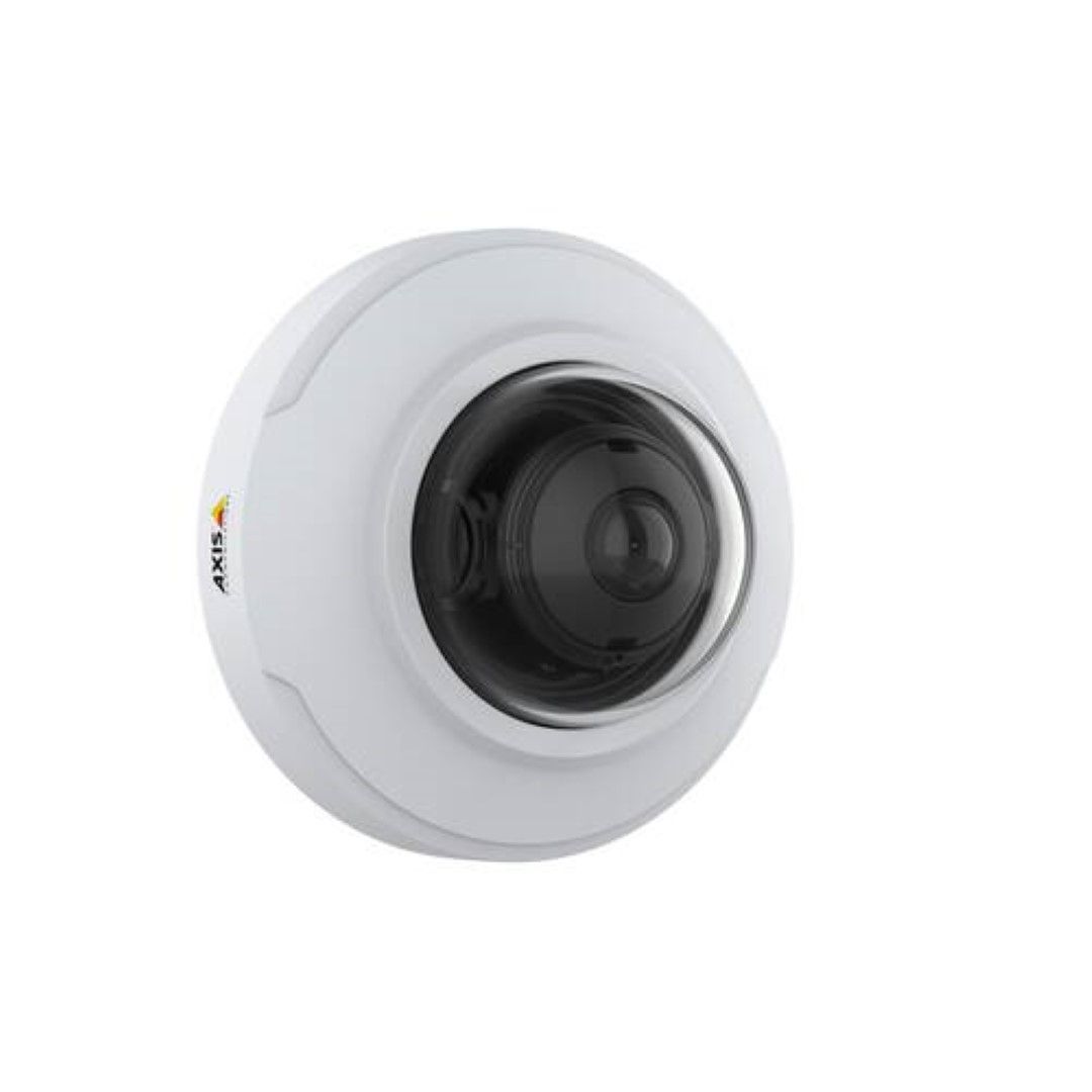 Witte Axis M3086-V 4MP minikoepelcamera met een compact, rond design en een zwarte lens achter een transparante koepel.