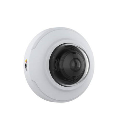 Witte Axis M3086-V 4MP minikoepelcamera met een compact, rond design en een zwarte lens achter een transparante koepel.
