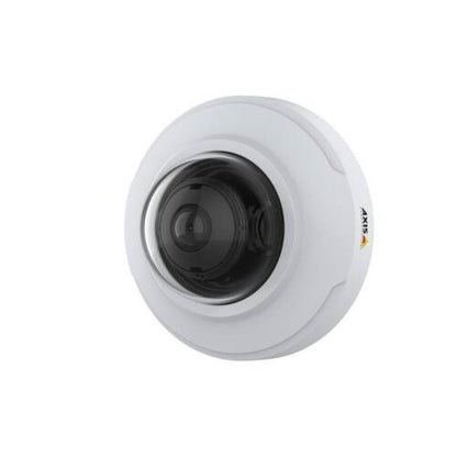 Witte Axis M3086-V 4MP minikoepelcamera met een compact, rond ontwerp en een zwarte lenskap voor videobewaking.