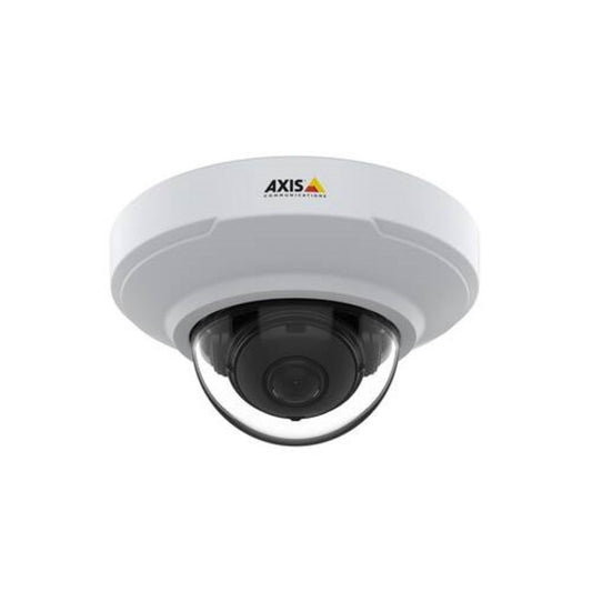 Witte Axis M3086-V 4MP minidome-beveiligingscamera met zwarte lens en compact design voor plafondmontage.