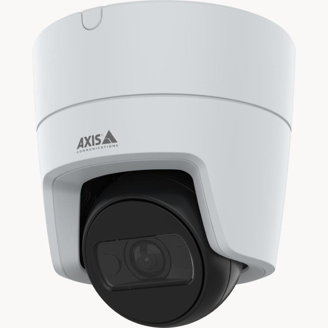 Witte Axis M3126-LVE outdoor turret-beveiligingscamera met zwarte lensmodule en Axis-logo.
