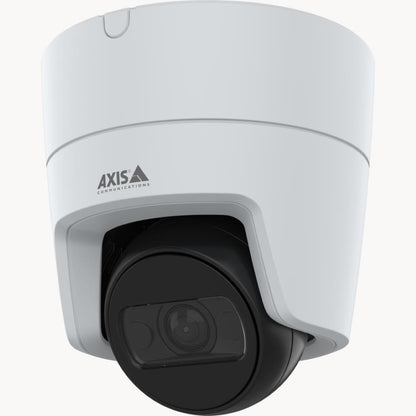 Witte Axis M3126-LVE outdoor turret-beveiligingscamera met zwarte lensmodule en Axis-logo.