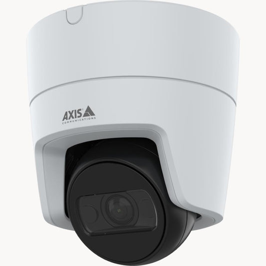 Witte Axis M3126-LVE outdoor turret-beveiligingscamera met zwarte lensmodule en Axis-logo.
