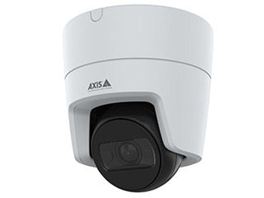 Witte AXIS M3128-LVE 8MP PoE turret-buitencamera met zwarte lensmodule en robuust design.