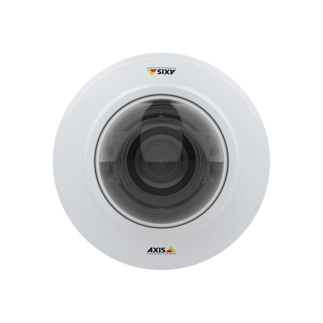 Witte Axis M4215-LV compacte varifocale dome-beveiligingscamera met transparante lenskap.