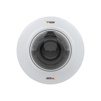 Witte Axis M4215-LV compacte varifocale dome-beveiligingscamera met transparante lenskap.