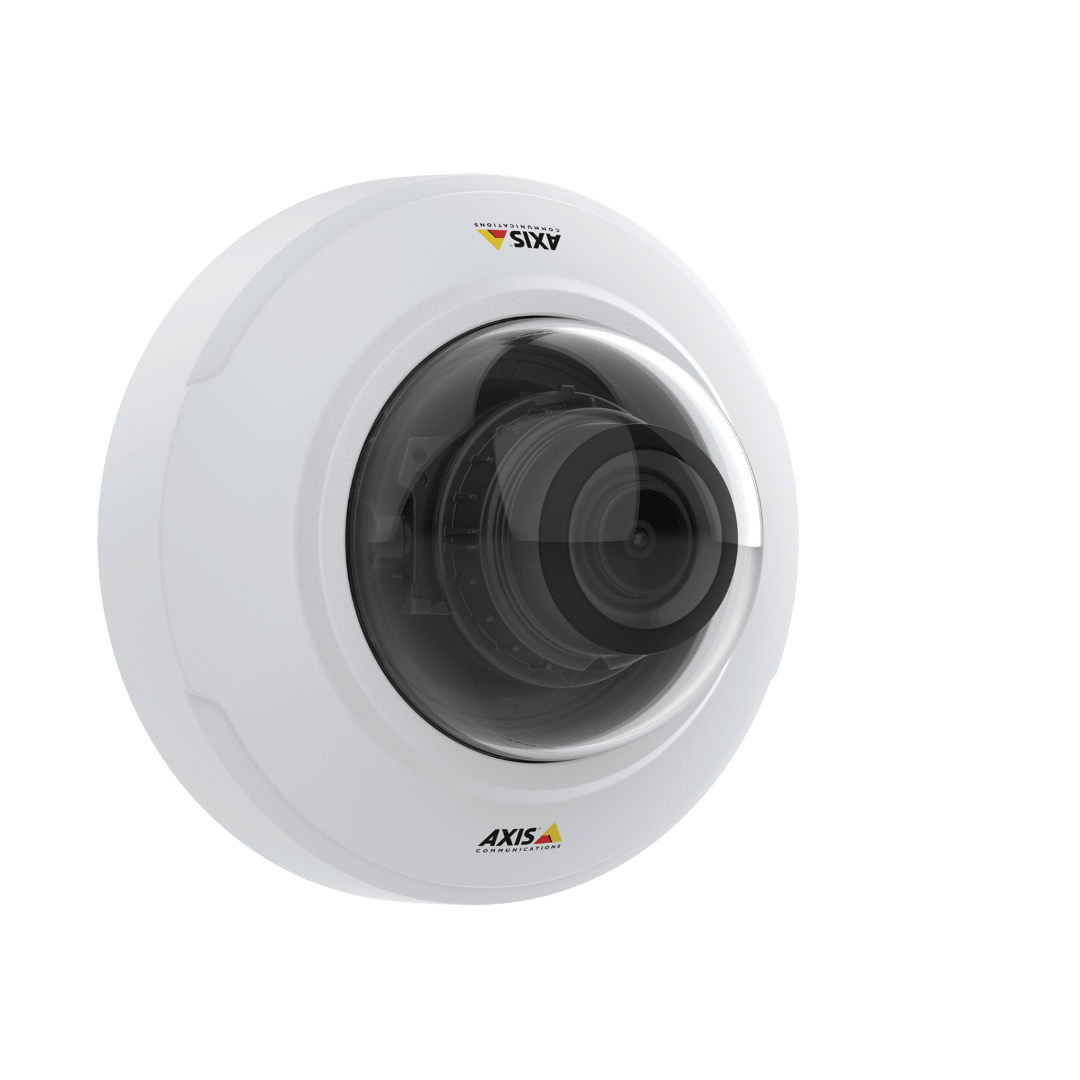 Witte Axis M4216-V dome beveiligingscamera met transparante koepel en varifocale lens op een witte achtergrond.