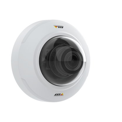 Witte Axis M4216-V dome beveiligingscamera met transparante koepel en varifocale lens op een witte achtergrond.