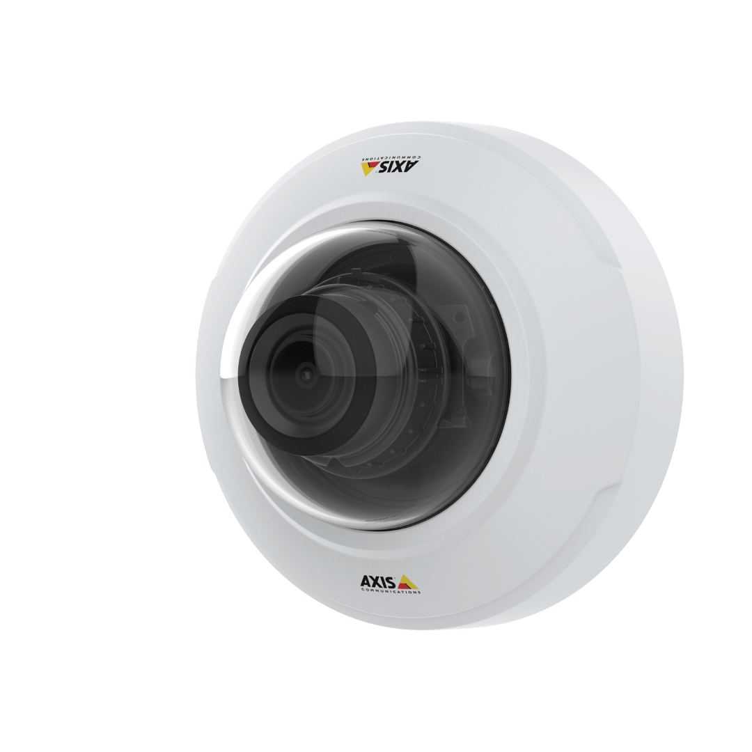 Witte Axis M4216-V dome-beveiligingscamera met varifocale lens en transparante koepel tegen een witte achtergrond.