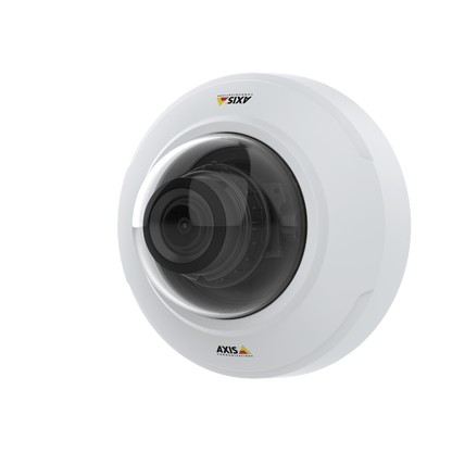 Witte Axis M4216-V dome-beveiligingscamera met varifocale lens en transparante koepel tegen een witte achtergrond.