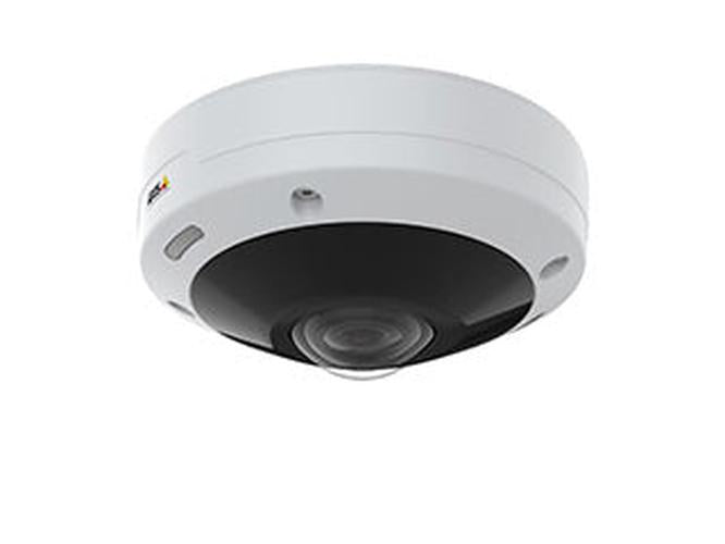 Witte Axis M4308-PLE 12MP panoramische domecamera met zwarte lenskap voor 360-graden buitengebruik.