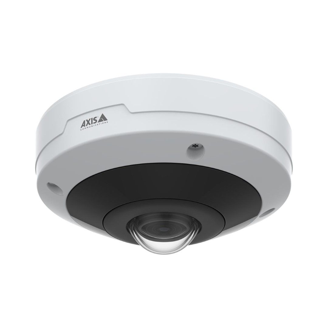 Witte Axis M4317-PLVE panoramische 6MP mini-dome camera met zwarte lensmodule voor 360-graden bewaking.