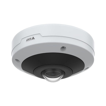 Witte Axis M4317-PLVE panoramische 6MP mini-dome camera met zwarte lensmodule voor 360-graden bewaking.