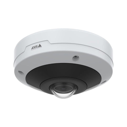 Witte Axis M4317-PLVE panoramische 6MP mini-dome camera met zwarte lensmodule voor 360-graden bewaking.