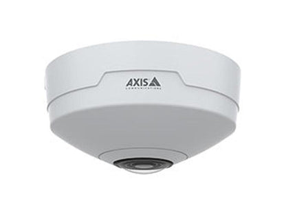Witte Axis M4327-P 6MP panoramische binnencamera met 360-graden lens voor plafondmontage.
