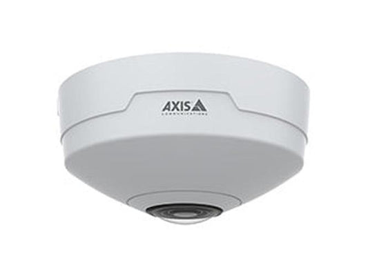 Witte Axis M4327-P 6MP panoramische binnencamera met 360-graden lens voor plafondmontage.