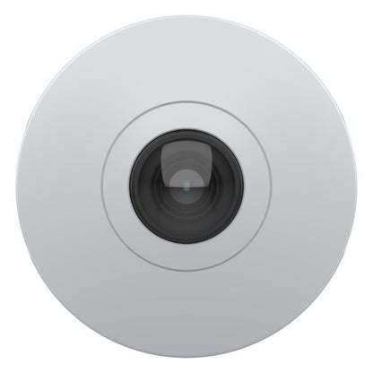 Witte Axis M4328-P panoramische domecamera met centrale 12MP stereografische lens voor 360-graden toezicht.