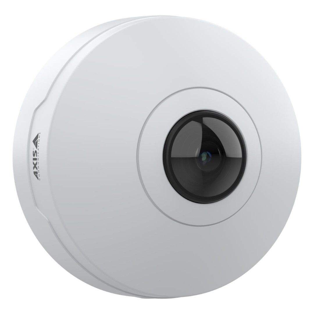 Witte Axis M4328-P panoramische domecamera met centrale stereografische lens voor 360-graden bewaking.