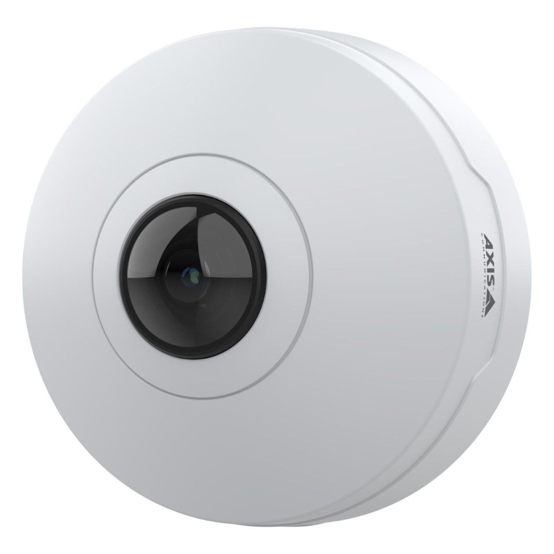 Witte Axis M4328-P 12MP panoramische domecamera met een centrale stereografische lens voor 360-graden bewaking.