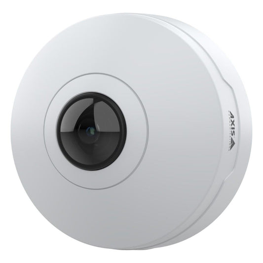 Witte Axis M4328-P 12MP panoramische domecamera met een centrale stereografische lens voor 360-graden bewaking.