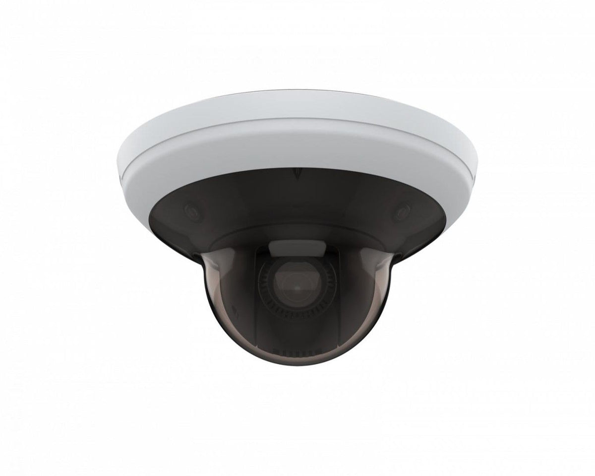 Axis M5000-G all-in-one dome camera met witte behuizing, drie 5MP sensoren en centrale PTZ-lens voor 360 graden overzicht.
