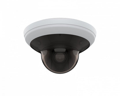 Axis M5000-G all-in-one dome camera met witte behuizing, drie 5MP sensoren en centrale PTZ-lens voor 360 graden overzicht.