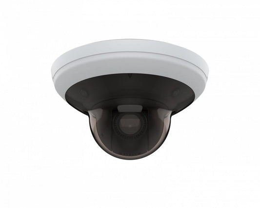 Axis M5000-G all-in-one dome camera met witte behuizing, drie 5MP sensoren en centrale PTZ-lens voor 360 graden overzicht.