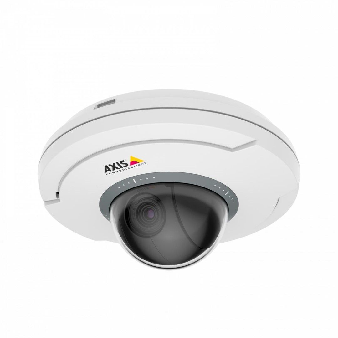 Witte Axis M5075-G compacte PTZ-domecamera met een zwarte lens en Axis-logo op een witte achtergrond.