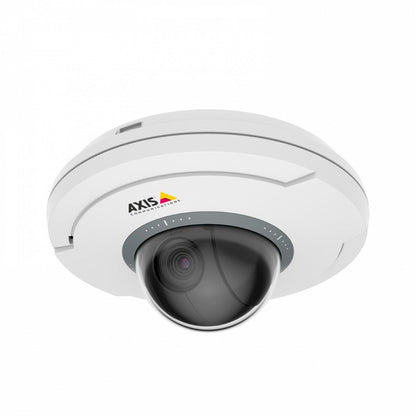 Witte Axis M5075-G compacte PTZ-domecamera met een zwarte lens en Axis-logo op een witte achtergrond.
