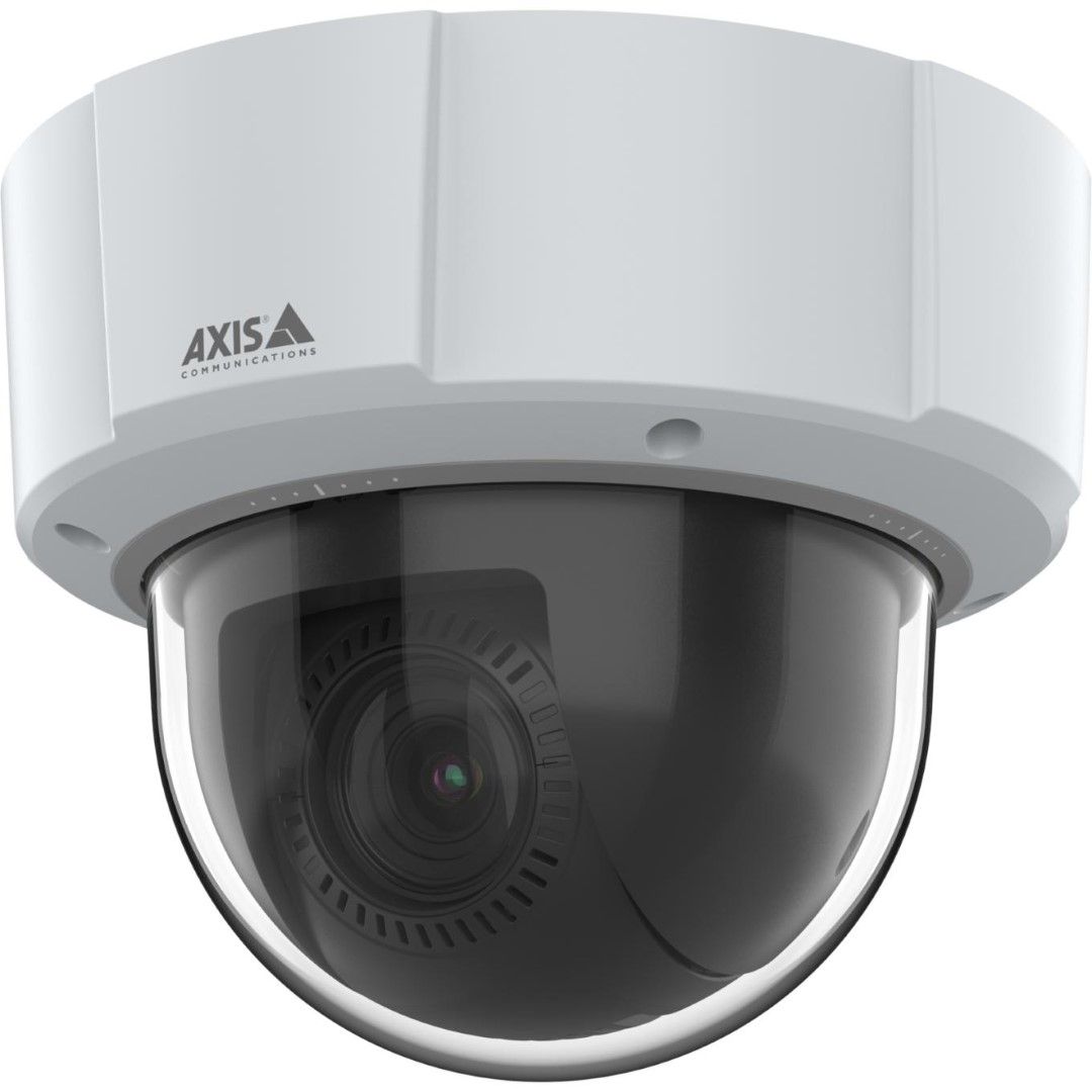 Witte Axis M5526-E PTZ-domecamera met 4MP lens, zwarte koepel en robuuste behuizing voor binnen- en buitenbewaking.