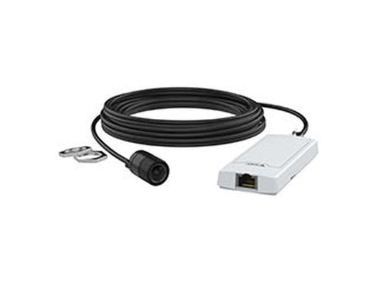 Axis P1245 Mk II modulaire camera met witte hoofdunit, zwarte sensor en verbindingskabel.