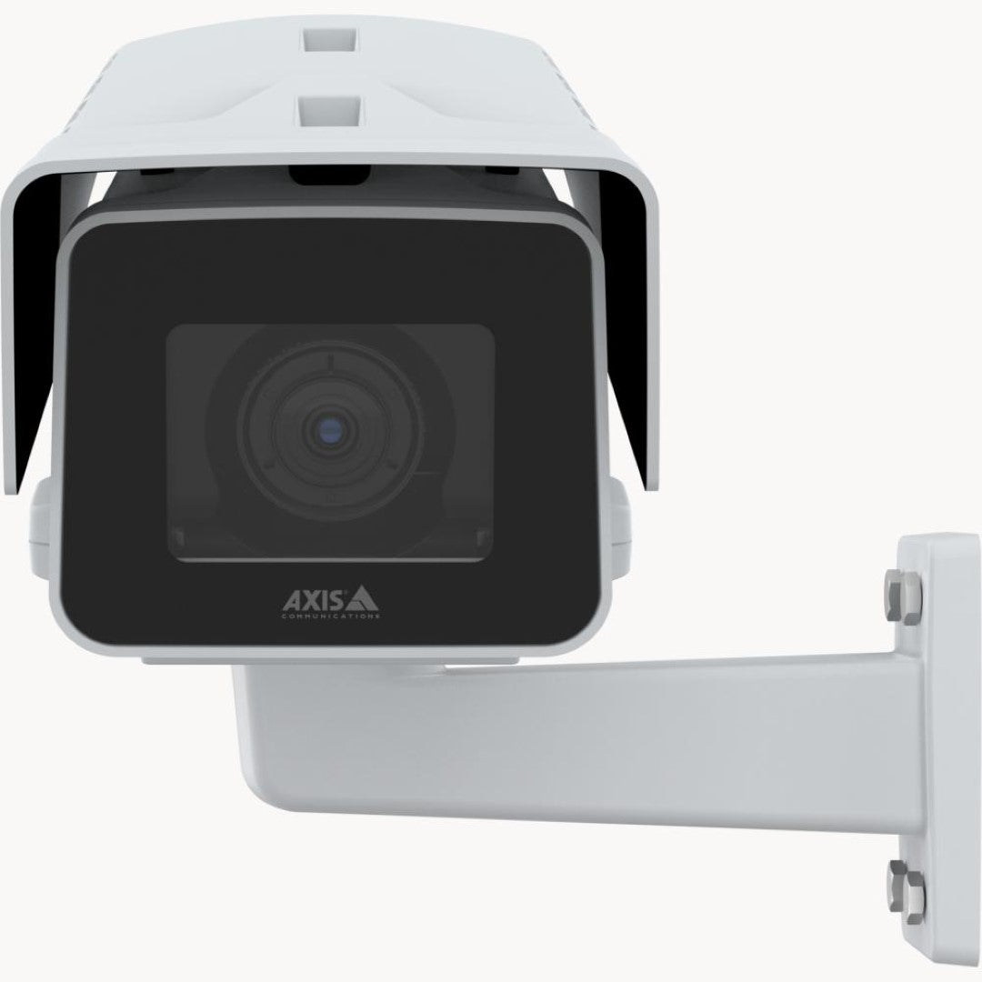Witte Axis P1385-E robuuste 2MP box buitencamera met zonnekap en muurbevestiging voor extreme weersomstandigheden.