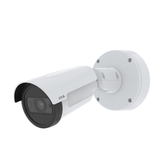 Witte Axis P1465-LE bullet beveiligingscamera met 9mm telelens en robuuste muurbevestiging voor buiten.