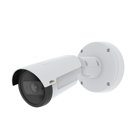 Witte Axis P1475-LE bullet beveiligingscamera met robuuste behuizing en verstelbare muurbeugel voor buiten.