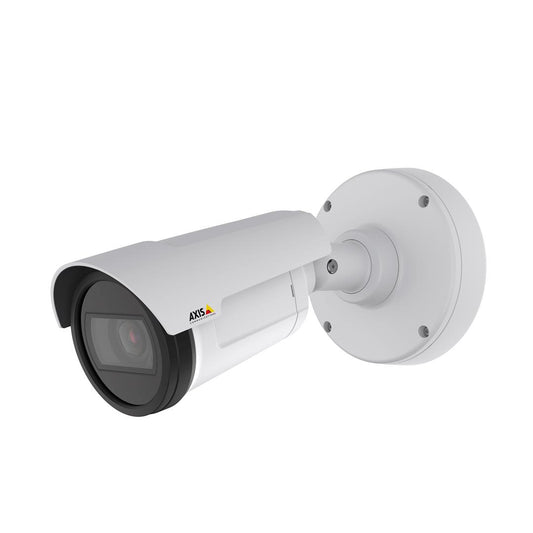 Witte Axis P1487-LE outdoor bullet camera met zonnekap en ronde muurbevestiging tegen een witte achtergrond.