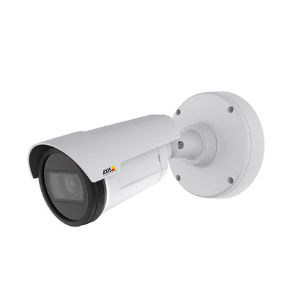 Witte Axis P1488-LE 8MP outdoor bullet camera met zonnekap en ronde muurbevestiging tegen een witte achtergrond.