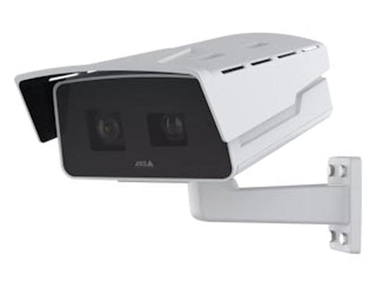 Witte Axis P1518-LE dual-sensor box buitencamera met twee lenzen en muurbeugel voor professionele beveiliging.