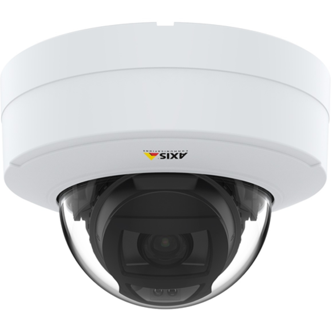 Witte Axis P3275-LV dome beveiligingscamera met zwarte lensmodule en transparante koepel voor plafondmontage.