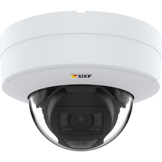 Witte Axis P3275-LV dome beveiligingscamera met zwarte lensmodule en transparante koepel voor plafondmontage.