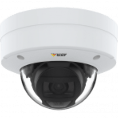 Witte Axis P3275-V vandaalbestendige dome-beveiligingscamera met transparante koepel en varifocale lens.