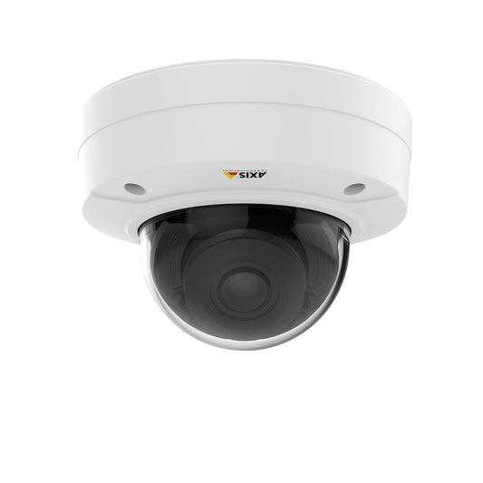 Witte Axis P3277-LVE 5MP outdoor dome beveiligingscamera met transparante koepel en strak design.