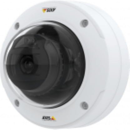 Axis P3277-VE witte outdoor dome beveiligingscamera met vandalismebestendige behuizing en zwarte lenskap.