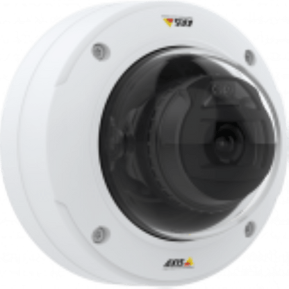 Witte Axis P3277-VE 5MP outdoor domecamera met vandalismebestendige behuizing en zwarte lenskap.