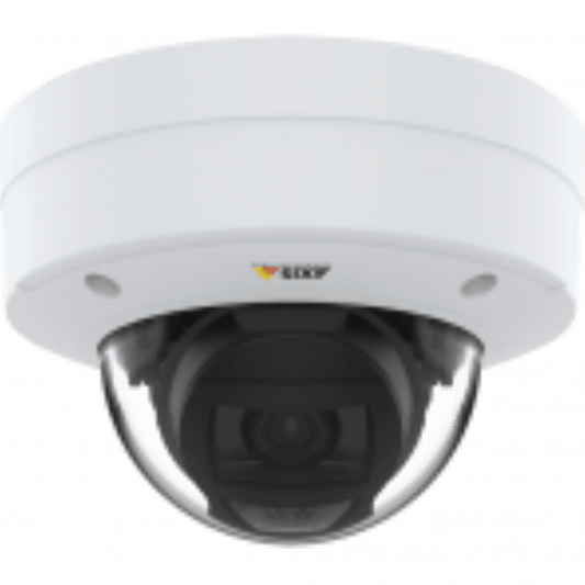 Witte Axis P3277-VE 5MP outdoor dome beveiligingscamera met vandalismebestendige behuizing en heldere lens.