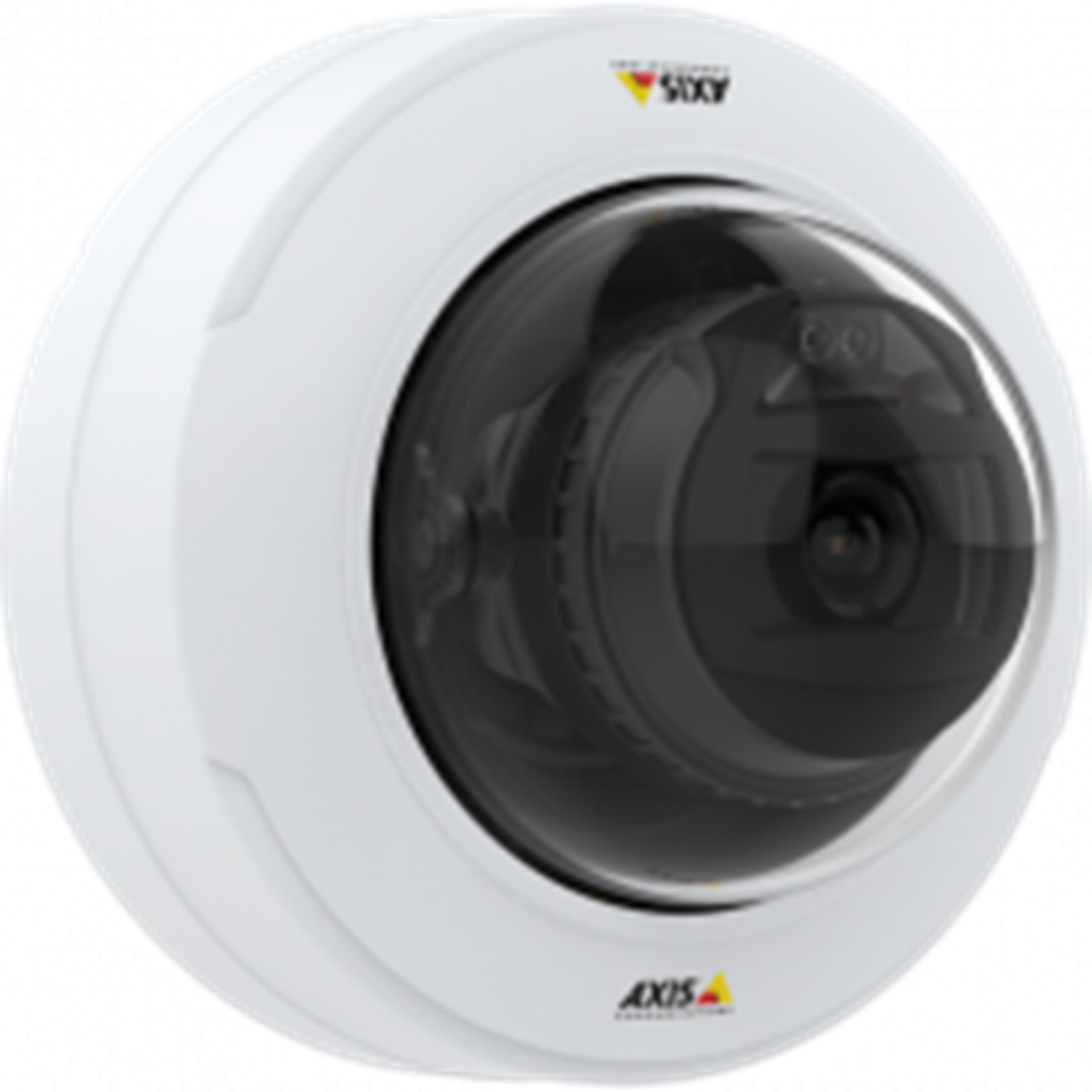 Witte Axis P3278-LV 8MP dome-beveiligingscamera met transparante koepel en varifocale lens.