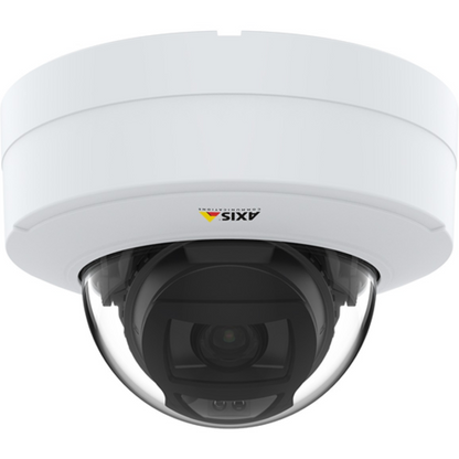 Witte Axis P3278-LV 8MP dome beveiligingscamera met varifocale lens en transparante koepel.